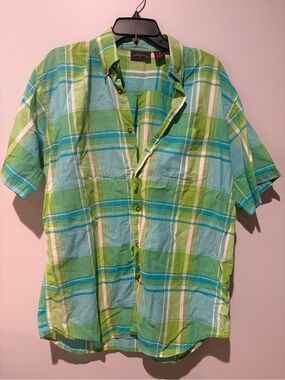 Saddlebred Short Sleeve Plaid Button-Up Shirt - Green & Blue